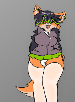 anthro big_breasts black_hair bottomwear breasts bulge clothed clothing coat collared_shirt detailed_bulge dress_shirt ear_piercing ear_ring fur green_bottomwear green_clothing green_eyes green_highlights green_skirt grey_clothing grey_coat grey_topwear gynomorph hair hand_behind_head highlights_(coloring) intersex legwear long_hair looking_at_viewer miniskirt one_eye_closed open_mouth orange_body orange_fur panties piercing raised_arm ring_piercing shirt simple_background skirt smile solo standing tail tan_body tan_fur teeth thick_thighs thigh_highs topwear underwear white_clothing white_shirt white_topwear wink nofood_nodrinks tb canid canine fox mammal digital_media_(artwork)