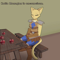 anthro apple armor black_eyes clothing eyelashes fainting female food fruit fur gameplay_mechanics gloves handwear humor pink_nose plant poisoned ragdoll_physics solo tail yellow_body yellow_fur yellow_sclera bepysxd bethesda_game_studios microsoft oblivion prequel_adventure the_elder_scrolls katia_managan felid khajiit mammal 1:1 2025 2d_animation animated digital_media_(artwork) meme short_playtime sound video