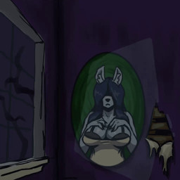 anthro areola big_breasts black_bra black_clothing black_nose black_underwear blue_areola blue_hair blue_nipples bra breasts cleavage clothed clothing female front_view fur grey_body grey_fur hair hair_over_eyes hand_on_chest inverted_nipples long_hair navel nipples nude off/on solo tan_clothing tan_topwear topwear underwear window pneumana unknown_species 1:1 animated no_sound short_playtime video