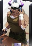 accessory anthro biceps body_hair brown_body brown_fur chest_hair clothing fur gun hair handgun headband horn male muscular muscular_anthro muscular_male pecs purple_eyes purple_sclera ranged_weapon shirt shooting_range solo tank_top topwear weapon white_hair 1461_1641 lifewonders tokyo_afterschool_summoners shennong_(tas) bovid bovine cattle mammal hi_res