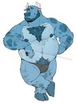 anthro belly blue_body bulge clothing horn humanoid_hands male moobs nipples overweight overweight_male simple_background solo underwear white_background bearwivme bruno_(blabel) bovid bovine cattle mammal 2021 hi_res