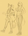 anthro backpack bottomwear bra clothing dialogue duo ear_piercing ear_ring eyes_closed fangs female footwear open_mouth piercing realistic_anatomy ring_piercing shoes shorts socks sports_bra sportswear tail teeth underwear walking pinwired canid canine felid feline mammal sketch