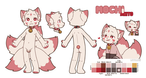 anthro balls barefoot bell bell_collar blush casual_nudity collar collar_only feet flaccid foreskin fur genitals heart_symbol male multi_tail nipples nude penis pink_body pink_eyes pink_fur presenting presenting_body simple_background small_penis smile solo tail text white_body white_fur young young_male capnkabi akito_(capnkabi) canid canine fox fox_spirit mammal colored english_text model_sheet