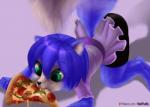 anthro blue_body blue_fur blue_hair clothing eating female food fur green_eyes hair pizza simple_background solo text young young_anthro v-tal vtalfluffy krysi canid canine fox mammal hi_res url