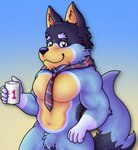 abs anthro arm_tuft blue_body blue_eyebrows blue_fur body_hair chin_tuft container cup elbow_tuft eyebrows facial_hair facial_tuft fur hashtag holding_container holding_cup holding_mug holding_object inner_ear_fluff looking_at_viewer male mug multicolored_body multicolored_fur multicolored_necktie necktie number pecs simple_background solo tuft rjquaty bluey_(series) bandit_heeler australian_cattle_dog canid canine canis cattledog domestic_dog herding_dog mammal pastoral_dog hi_res