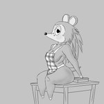 anthro apron apron_only big_breasts big_butt blush bottomless bottomless_female breasts butt checkered checkered_clothing clothed clothing featureless_feet featureless_hands feet female furniture hair huge_butt long_hair looking_at_viewer on_table pattern_clothing short_stack sitting sitting_on_table slightly_chubby solo spines table tail heelipmo animal_crossing nintendo sable_able eulipotyphlan hedgehog mammal absurd_res digital_drawing_(artwork) digital_media_(artwork) hi_res monochrome shaded