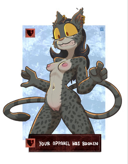 4_fingers amber_eyes anthro breasts ear_piercing ear_ring embarrassed exposed_breasts eyelashes female fingers fully_clothed_to_nude fur fur_markings genitals inner_ear_fluff magic markings nipples nude piercing pink_nipples ring_piercing shocked solo sudden_nudity surprised tail text text_box tuft vulva lilidae bethesda_game_studios microsoft morrowind the_elder_scrolls felina'ma felid feline khajiit mammal hi_res