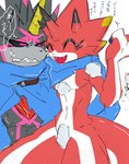 angry anthro belt black_body black_sclera cape clothing duo glowing glowing_eyes horn male red_body sharp_teeth teeth im7yx bandai_namco digimon digimon_ghost_game betelgammamon digimon_(species) gulusgammamon scalie hi_res