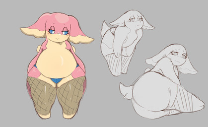 2_toes anthro belly big_butt big_ears blue_clothing blue_panties blue_sclera blue_underwear butt clothed clothing countershade_ears countershade_face countershade_legs countershade_torso countershading eyelashes featureless_chest feet female fishnet_clothing fishnet_legwear flat_chested floppy_ears grey_background hands_on_legs leaning leaning_forward legwear lidded_eyes looking_back lying multiple_poses on_side panties pink_body pose pupils rear_view scut_tail short_tail simple_background solo standing tail tan_body tan_countershading thick_thighs toes topless underwear underwear_only white_pupils holemann nintendo pokemon audino generation_5_pokemon pokemon_(species) hi_res multiple_images