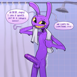 anthro arm_tuft balls big_penis biped black_eyebrows black_eyes dripping dripping_wet elbow_tuft emoji_description erection eyebrows floating_eyebrows foreskin front_view fur genitals glans gradient_speech_bubble grin grinning_at_viewer hand_behind_head holding_object holding_towel humanoid_genitalia humanoid_penis inviting_to_sex inviting_viewer laugh linked_speech_bubble looking_at_viewer male male_anthro monotone_body monotone_fur noseless nude nude_anthro nude_male penis purple_balls purple_body purple_fur purple_glans purple_penis purple_speech_bubble purple_text purple_tuft raised_eyebrow retracted_foreskin seductive shower shower_curtain shower_head slim slim_anthro slim_male smile smiling_at_viewer smug_grin solo speech_bubble talking_to_viewer teasing teasing_viewer teeth text three-quarter_view tile tile_wall towel towel_around_neck tuft urethra vein veiny_penis wall_(structure) water water_drop wet wet_body wet_fur white_speech_bubble yellow_sclera yellow_teeth ari_dibujitos glitch_productions the_amazing_digital_circus jax_(tadc) lagomorph leporid mammal rabbit 1:1 2025 absurd_res english_text hi_res portrait three-quarter_portrait