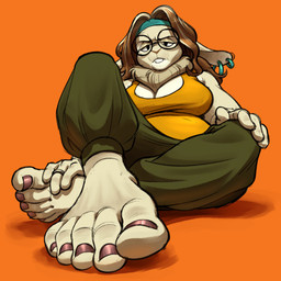 5_toes anthro barefoot breasts cleavage clothed clothing colored_nails colored_toenails digit_ring ear_piercing ear_ring eyewear feet female finger_ring foot_focus glaring_at_viewer glasses humanoid_feet jewelry mature_female nails neck_tuft piercing plantigrade ring_piercing sitting sitting_on_ground solo toenails toes tuft silverscarf melinda_malroy_(silverscarf) lagomorph leporid mammal rabbit 1:1 2025 hi_res