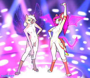 anthro areola beak black_sclera breasts brown_body brown_feathers duo feathers feet female flaccid fur genitals graffiti hair hand_on_hip male markings nipples penis pink_areola pink_hair pink_nipples raised_hand spade_tail star_(marking) tail talons toes white_body white_feathers white_fur white_hair wings yellow_eyes kamenking panty_and_stocking_with_garterbelt colorbomb_(kamenking) kamen_king_(character) avian bird canid canine canis coyote eastern_screech_owl mammal owl screech_owl true_owl english_description hi_res nonbinary_(lore)
