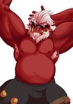 2024 anthro armpit_hair barazoku beard belly biceps big_daddy_(zenless_zone_zero) body_hair bottomwear clothed clothing ear_piercing eyewear facial_hair fuyifuji hair hand_behind_head hi_res looking_at_viewer male mammal manly mihoyo musclegut muscular navel nipples pants pants_only pecs piercing raised_arm red_body red_skin simple_background slightly_chubby solo standing suid suina sunglasses sus_(pig) topless triceps tusks white_background white_hair wild_boar zenless_zone_zero