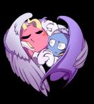 blue_body blue_skin duo eyes_closed feathered_wings feathers female frown grey_eyes hand_holding horn male membrane_(anatomy) membranous_wings not_furry pink_body pink_skin rosy_cheeks smile smirk wavy_horn wings theakanemnon kirby_(series) nintendo galacta_knight meta_knight absurd_res alpha_channel hi_res