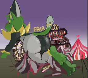 anthro belly_smother big_butt building butt circus clothed clothing destruction fair feet fur green_body green_fur hat headgear headwear jester macro male outside paws size_difference solo tail yellow_sclera miaucandies marlow_(neochlorine) domestic_cat felid feline felis mammal digital_media_(artwork)