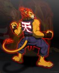 4_toes akuma_(street_fighter) anthro barefoot black_sclera capcom claws clothed clothing feet felid finger_claws fist foot-paws full-length_portrait fully_clothed fur fur_tuft hi_res lion mammal pantherine portrait red_eyes solo street_fighter tail tail_tuft text toe_claws toes tuft whiskers