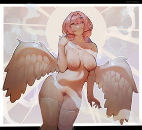 areola big_breasts black_border border breasts feathered_wings feathers female front_view hair looking_at_viewer navel nipples nude one_eye_closed pink_areola pink_hair pink_nipples pubes purple_eyes short_hair smile solo tan_body tan_skin thick_thighs white_body white_border white_feathers wide_hips wings wink winking_at_viewer fluffydango mihoyo zenless_zone_zero remielle_dan humanoid winged_humanoid absurd_res hi_res