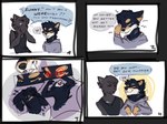 ambiguous_gender anthro black_body black_fur clothed clothing dialogue duo exclamation_point fluffy fur speech_bubble text transformation wereshiba sunny_(wereshiba) canid canine canis domestic_cat domestic_dog felid feline felis mammal shiba_inu spitz comic english_text