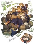 anthro asian_clothing belly brown_body brown_fur clothing east_asian_clothing eyes_closed fundoshi fur group humanoid_hands japanese_clothing kemono leaf male overweight overweight_male scar sitting text underwear white_clothing white_fundoshi white_underwear fuyoudo624 lifewonders tokyo_afterschool_summoners bandaid_protagonist_(tas) gyobu's_underlings gyobu_(tas) protagonist_(tas) canid canine human mammal raccoon_dog tanuki 2020 hi_res japanese_text