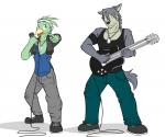 anthro clothing duo electric_guitar electronics guitar male microphone musical_instrument playing_guitar playing_music plucked_string_instrument shadow shirt simple_background string_instrument tank_top topwear white_background fuze morenatsu kouya_(morenatsu) yuuki_torii avian bird canid canine canis domestic_dog husky mammal nordic_sled_dog spitz 6:5 absurd_res hi_res