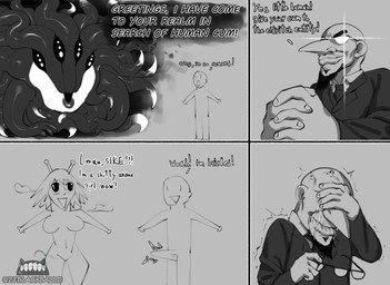 bald beard big_breasts big_nose bodily_fluids breasts clothed clothing crying dialogue eyewear facial_hair female glasses long_nose male not_furry suit tears text transformation vein wearing_glasses ze_blackball.d human mammal monster comic english_text hi_res