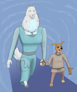 4_fingers anthro anthrofied belt bent_arm big_breasts black_claws black_eyes black_nose blue_background blue_claws blue_clothing blue_dress blue_footwear blue_nose blue_shoes blue_tail bottomwear breasts brown_body brown_bottomwear brown_clothing brown_footwear brown_fur brown_pants brown_pawpads brown_shirt brown_shoes brown_topwear brown_tunic canon_couple claws cleavage closed_smile clothed clothed_anthro clothed_female clothed_male clothing dress duo eyelashes eyes_closed fangs female finger_claws fingers fluffy fluffy_tail footwear fully_clothed fully_clothed_anthro fully_clothed_male fur hand_holding hand_pawpads larger_anthro larger_female light logo long_neck male male/female mouth_closed multicolored_body multicolored_fur neck_tuft no_eyebrows pants pawpads pink_tongue rope rope_belt shirt shoes simple_background size_difference slightly_chubby slightly_chubby_anthro slightly_chubby_male smaller_anthro smaller_male smile tail teeth tongue tongue_out topwear tuft tunic two_tone_body two_tone_fur two_tone_tail walking_together white_body white_fur white_tail skywater elf_comic dawg_(merrivius) majestic_spirit_wolf_(merrivius) canid canine canis mammal wolf 2026 5:6 absurd_res adobe_photoshop_(artwork) artist_logo colored digital_drawing_(artwork) digital_media_(artwork) english_description hi_res lighting shaded