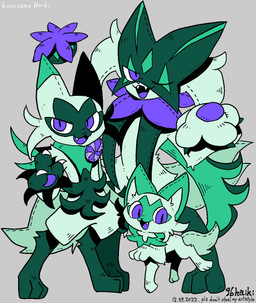 3_fingers 3_toes ambiguous_gender anthro claws cute_fangs evolutionary_family fangs feet feral finger_claws fingers flower_(anatomy) flower_trick fur green_body green_ears green_fur green_tail group mask one_eye_closed pawpads paws purple_eyes purple_nose tail teeth toes trio wink 96haiki nintendo pokemon felid feline floragato generation_9_pokemon mammal meowscarada pokemon_(species) shiny_pokemon sprigatito 2022 hi_res