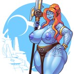 big_breasts blue_body blue_nipples blue_skin bottomwear bracelet breasts clothing female glaive hair hand_on_hip jewelry loincloth long_hair looking_at_viewer melee_weapon nipples not_furry open_mouth orange_hair polearm red_eyes smile solo tabletop_game tattoo thick_thighs weapon blazbaros warhammer_(franchise) warhammer_40000 alien humanoid mammal t'au_(warhammer) 1:1 hi_res