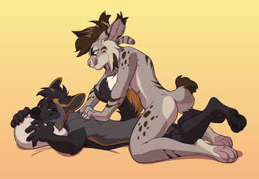 5_fingers anthro anthro_on_anthro black_body black_fur black_hair black_nose brown_hair duo female female_on_top fingers fur grey_body grey_fur hair kneeling lying male massage nude on_front on_top simple_background smile straddling tongue yellow_background takiminada dashwood_fox nicole_(nicnak044) canid canine felid feline fox lynx mammal 2019 absurd_res digital_media_(artwork) hi_res female_(lore)