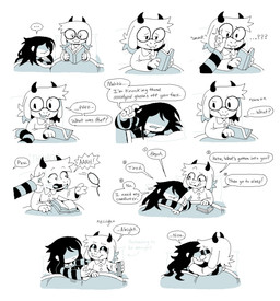ambiguous_gender anthro bed book clothing cuddling dialogue duo eyewear furniture glasses hair human_on_anthro interspecies lidded_eyes long_hair male male/ambiguous pajamas romantic romantic_couple smile text honkadoi deltarune undertale_(series) kris_(deltarune) ralsei bovid caprine darkner goat human mammal comic english_text hi_res