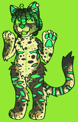 anthro black_coded claws countershading cute_fangs exaggerated_mastectomy_scar fangs green_eyes green_tongue markings mastectomy_scar pawpads paws scar slightly_chubby solo sparklefur spots spotted_markings teeth tongue visibly_trans jackrabbit_(artist) felid feline leopardus mammal ocelot undead zombie 2025 hi_res trans_(lore) trans_man_(lore)
