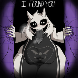 anthro big_breasts black_eyes breasts breath clothing creepy creepy_face dialogue dress eyelashes fangs female floppy_ears front_view fur grey_clothing grey_dress grey_tongue horn huge_breasts huge_hips huge_thighs long_tongue looking_at_viewer lop_ears nipple_outline scary solo talking_to_viewer teeth text thick_thighs tongue tongue_out white_body white_fur white_horn white_sleeves wide_hips gallo_wazavi undertale_(series) toriel boss_monster_(undertale) bovid caprine goat mammal 1:1 english_text hi_res