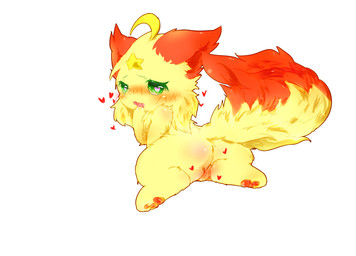 blush butt chibi female fur genitals green_eyes heart_symbol kemono open_mouth red_body red_ears red_fur red_tail semi-anthro simple_background solo tail two_tone_tail vulva white_background yellow_body yellow_fur deaic canid canine fox mammal 2017 hi_res