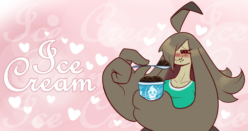 blush breasts closed_smile clothed clothing cutlery dessert eating eyebrows eyelashes eyes_closed female food hair hair_hand heart_symbol holding_food holding_ice_cream holding_object holding_spoon holidays ice_cream kitchen_utensils mouth_closed shirt smile solo spoon text tools topwear latiar nintendo pokemon valentine's_day harriett_(latiar) generation_6_pokemon gourgeist humanoid pokemon_(species) 2026 english_text