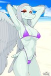 amber_eyes anthro beach bikini bone_frill breasts camel_toe cleavage clothed clothing cloud elbow_feathers eyeshadow feathered_wings feathers female frill_(anatomy) grey_body grey_feathers grey_hair hair hands_behind_head head_crest head_frill long_hair looking_at_viewer makeup markings narrowed_eyes navel outside purple_bikini purple_clothing purple_swimwear seaside short_tail sky smile smiling_at_viewer snout solo striped_frill striped_markings striped_tail stripes swimwear tail tail_markings two-piece_swimsuit water wings wozzu1 cavemanon_studios goodbye_volcano_high snoot_game fang_(gvh) prehistoric_species pterodactylus pterosaur reptile scalie colored hi_res