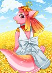 anthro backless_dress clothing dress female flower flower_field kemono looking_at_viewer open_mouth open_smile outside petals pink_body pink_eyes plant plant_hair pseudo_hair rear_view sky smile solo tail thick_tail yellow_mouth nekotabact mythology lilac_(pyritie) dragon elemental_creature flora_fauna flower_creature mythological_creature mythological_scalie scalie 2023 digital_media_(artwork) hi_res