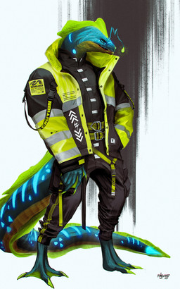 blue_eyes bottomwear clothing jacket male pants solo standing tail topwear finbeard aquatic eel fish absurd_res hi_res portrait