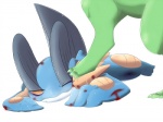 2015 3_toes 4:3 ambiguous_gender blood bodily_fluids breath claws duo feet feral generation_3_pokemon lying nintendo one_eye_closed open_mouth panting pokemon pokemon_(species) ragujuka reptile scalie sceptile shadow simple_background standing swampert sweat toe_claws toes white_background wounded