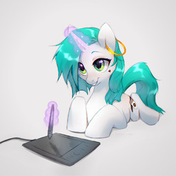 cutie_mark ear_piercing ear_ring eyelashes female feral fur green_eyes grey_background hair heart_(marking) horn looking_up lying magic_user markings nude on_front piercing ring_piercing simple_background solo tail teal_hair teal_tail white_body white_fur azzai hasbro my_little_pony mythology fan_character equid equine mammal mythological_creature mythological_equine unicorn 1:1 2022 colored colored_sketch digital_drawing_(artwork) digital_media_(artwork) shaded sketch