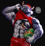 abs anthro armpit_hair beard bell biceps black_body black_fur black_hair black_nipples body_hair bottomwear chest_hair chest_tuft christmas_clothing christmas_headwear claws clothed clothing clothing_lift deltoids dialogue facial_hair finger_claws fur gift gloves_(marking) grey_body grey_fur hair happy_trail hat headgear headwear holding_gift holding_object holidays looking_at_viewer male markings multicolored_body multicolored_fur muscular muscular_anthro muscular_male nipples obliques pants pecs red_bottomwear red_clothing red_pants red_shirt red_tank_top red_topwear santa_hat serratus shirt shirt_lift solo speech_bubble striped_body striped_fur stripes tank_top text topwear tuft two_tone_body two_tone_fur vein veiny_arms veiny_muscles white_hair yellow_eyes suck-nis christmas racha_(suck-nis) felid mammal pantherine tiger 2023 absurd_res english_text hi_res