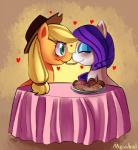 blonde_hair clothing cowboy_hat duo eyes_closed female female/female feral food fur furniture green_eyes hair hat headgear headwear heart_symbol horn orange_body orange_fur pasta purple_hair sharing sharing_food spaghetti table white_body white_fur mewball disney friendship_is_magic hasbro my_little_pony mythology spaghetti_scene applejack_(mlp) rarity_(mlp) earth_pony equid equine horse mammal mythological_creature mythological_equine pony unicorn 2012 crossover