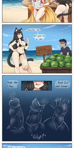 balls beach big_balls big_breasts big_penis bikini black_hair blonde_hair bodily_fluids breasts clothing cock_vore dialogue food foreskin fruit genital_fluids genitals group gynomorph hair huge_balls huge_penis hyper hyper_balls hyper_genitalia intersex light_body light_skin melon nipples object_in_urethra object_vore penetration penile penis plant precum swimwear text trio two-piece_swimsuit urethral urethral_penetration vein veiny_penis vore watermelon m0re4117 animal_humanoid human humanoid mammal absurd_res comic english_text hi_res