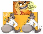 anthro back_rolls banknote belly big_belly bloated burping burping_up_object coin duo fat_rolls fur grey_body grey_fur male money navel object_ingestion object_vore speech_bubble stuffing tail tail_motion tailwag vore yellow_eyes remmyfox dreamworks the_bad_guys mr._snake_(the_bad_guys) mr._wolf_(the_bad_guys) canid canine canis mammal reptile scalie snake wolf digital_media_(artwork) hi_res