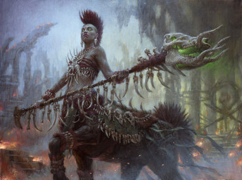 bone_accessory breasts brown_body brown_fur ear_piercing female fur green_eyes hair holding_object holding_staff looking_at_viewer mohawk navel outside piercing red_hair solo staff tail tattoo ryan_pancoast european_mythology greek_mythology hasbro magic:_the_gathering mythology wizards_of_the_coast centaur equid equid_taur humanoid_taur mammal mammal_taur taur hi_res official_art traditional_media_(artwork)