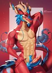 2023 abs anthro aomori athletic athletic_male beard bedroom_eyes biceps blue_hair crotch_tuft dragon eastern_dragon erection facial_hair firebrand_(decalion) genitals hair hand_behind_head hand_on_hip hi_res horn long_tail male mythological_creature mythological_scalie mythology narrowed_eyes nude pecs penis presenting presenting_penis pubes red_body red_scales scales scalie seductive smile solo tail tail_tuft tuft whiskers