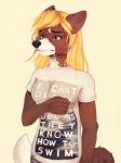 5_fingers anthro black_nose blonde_hair breasts clothed clothing eyebrows eyelashes female fingers fur green_eyes hair shirt simple_background solo standing topwear dyaniful canid canine mammal