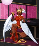 alcohol anthro beverage black_border blonde_hair border breasts brown_body brown_eyes brown_fur clothed clothing dipstick_tail feathered_wings feathers female footwear fur hair markings shoes solo tail tail_markings white_wings wings amber_williams canid mammal