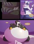 2018 absol absurd_res alma_(impaledwolf) alternate_color ambiguous_gender anthro belly belly_inflation big_belly big_breasts big_butt bodily_fluids bottomwear breasts butt clothed clothing comic cum cum_inflation cum_inside cum_through duo english_text excessive_cum excessive_genital_fluids female gabriela_(impaledwolf) gardevoir generation_3_pokemon genital_fluids hi_res huge_belly huge_breasts hyper hyper_belly hyper_cum immobile impaledwolf inflation loincloth nintendo nipples penetration pokemon pokemon_(species) purple_background rear_view simple_background speech_bubble text thick_thighs