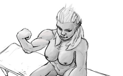 bench big_breasts breasts ear_piercing facial_piercing female flexing flexing_bicep genitals high-angle_view looking_at_viewer muscular muscular_female muscular_humanoid nose_piercing nose_ring not_furry nude nude_female nude_humanoid piercing ring_piercing selfie sitting smile solo vulva white_roses granolapunch blizzard_entertainment warcraft humanoid orc