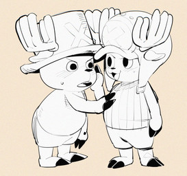 anthro biped bodily_fluids bottomwear chibi clothing duo hat headgear headwear kemono male shirt shorts simple_background sweat topwear masshiro one_piece tony_tony_chopper deer mammal new_world_deer reindeer 2022 digital_drawing_(artwork) digital_media_(artwork)